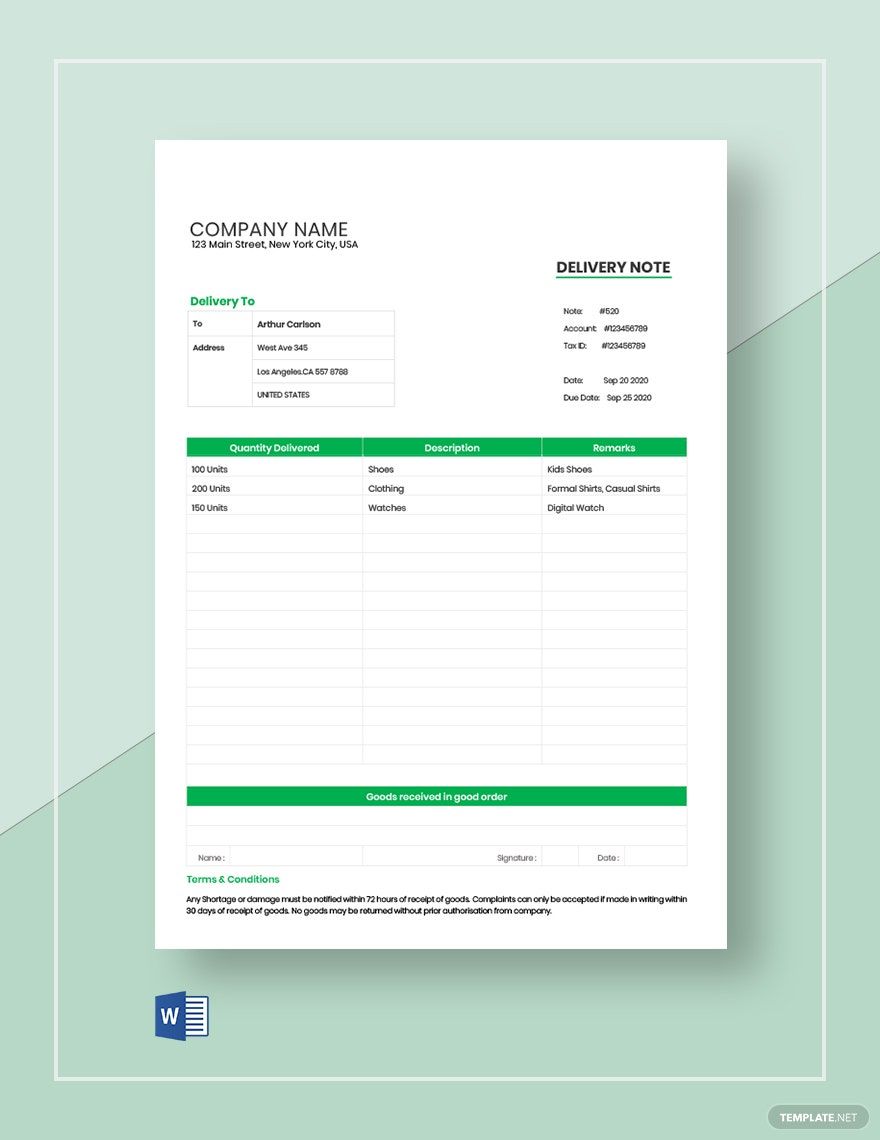 Order Delivery Note in Word, Google Docs, Pages, PDF Download