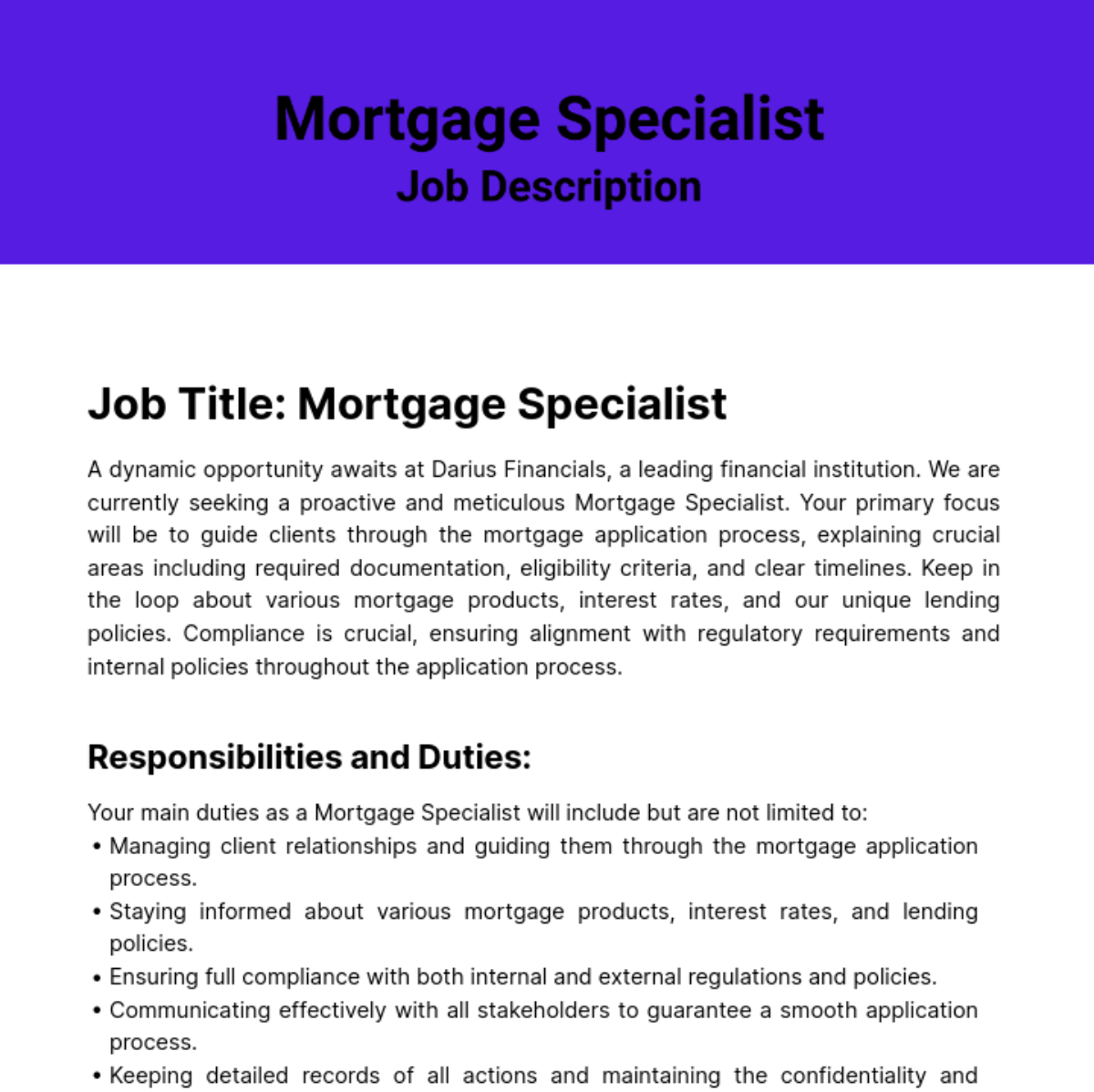 FREE Specialist Job Description Templates & Examples Edit Online