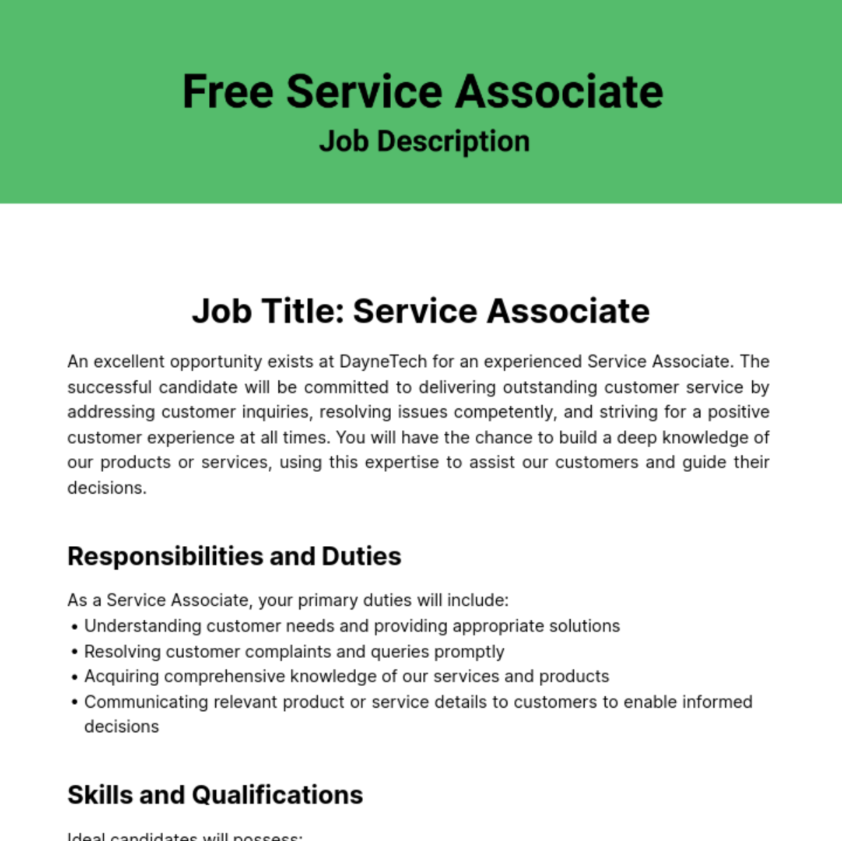 Service Associate Job Description Template Edit Online & Download Example