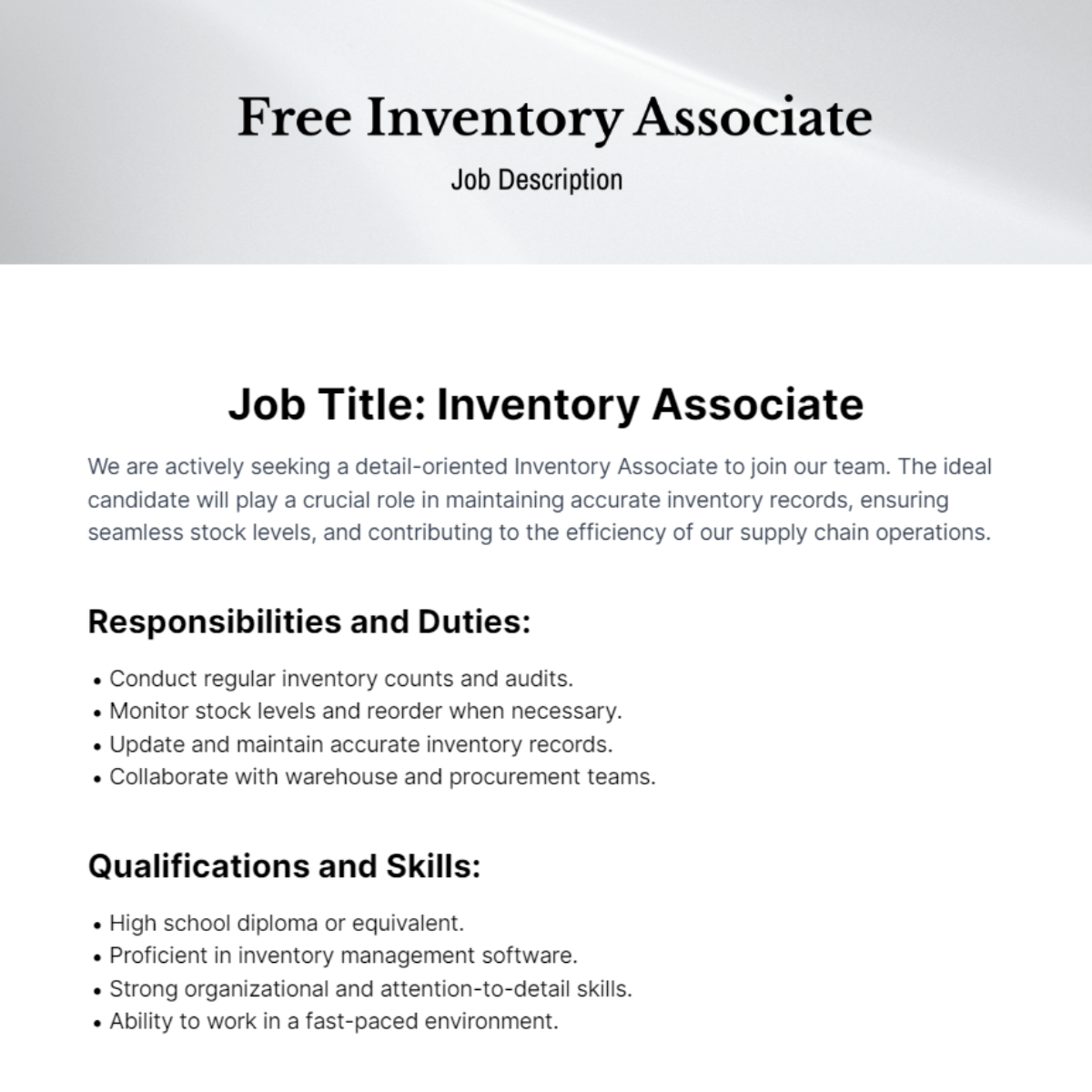 Inventory Associate Job Description Template Edit Online & Download