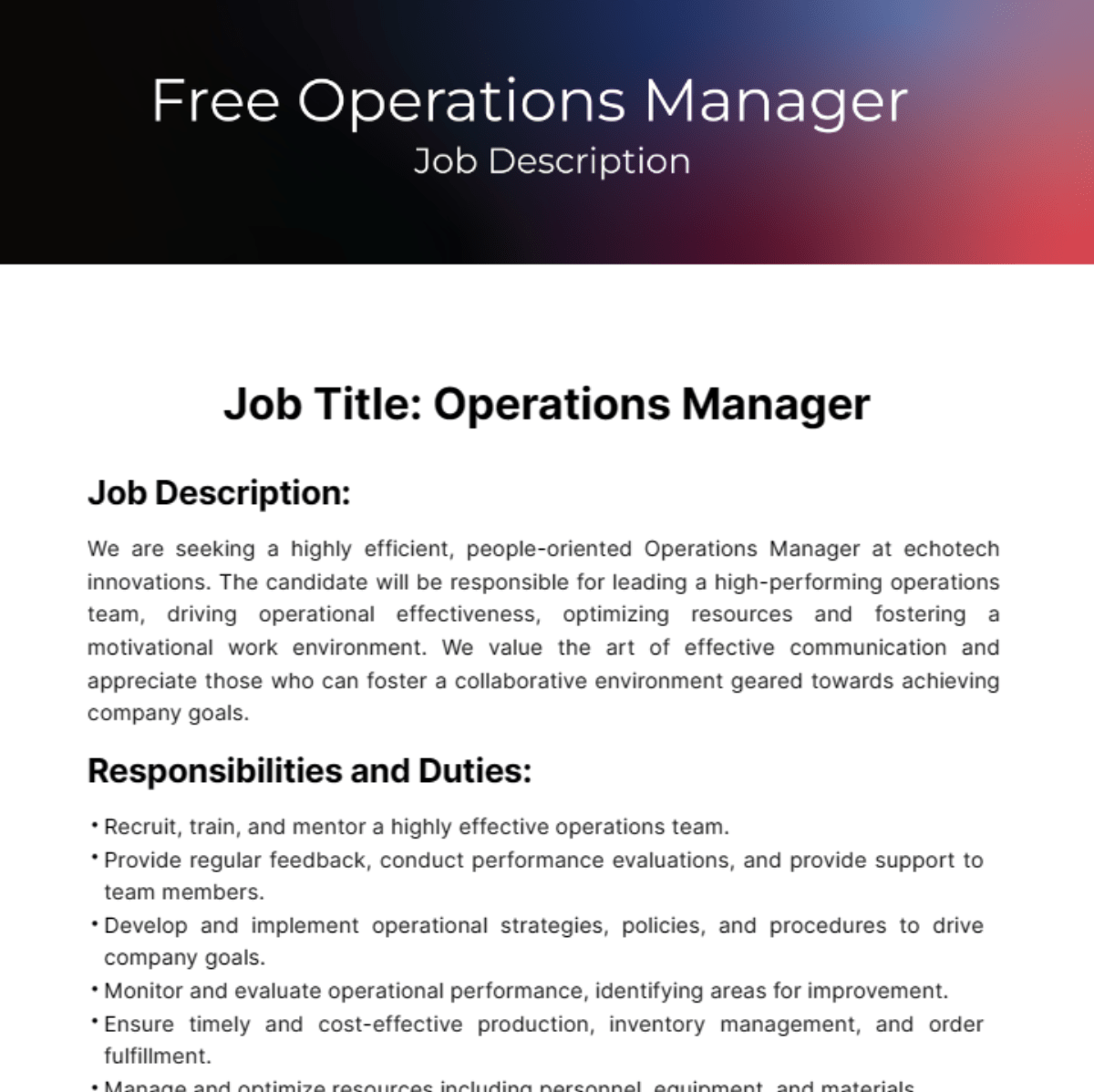 FREE Operations Job Description Templates & Examples Edit Online