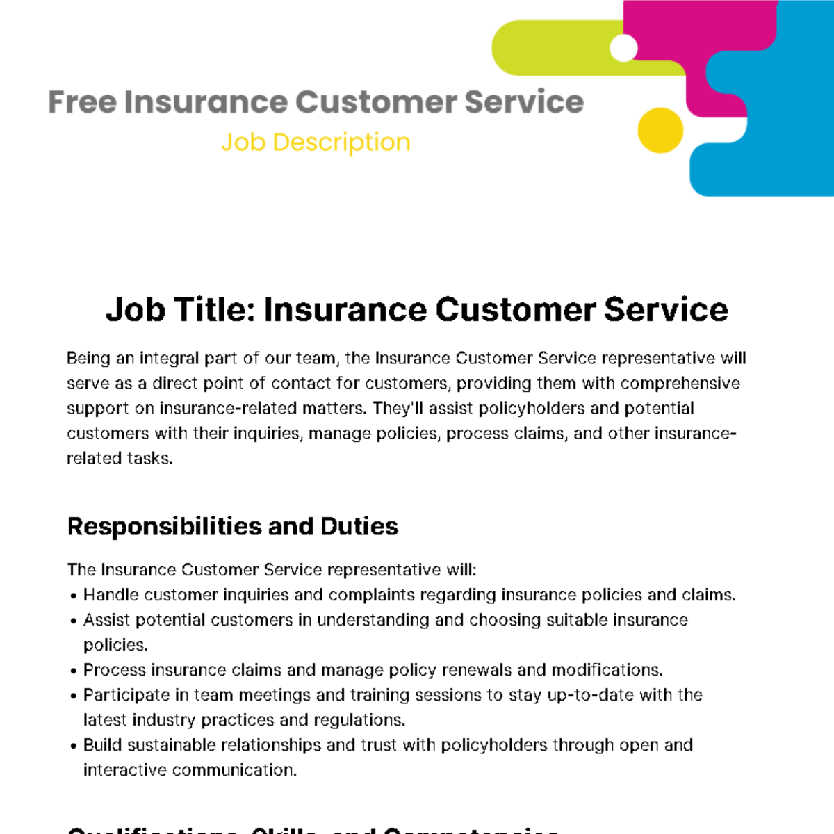 Insurance Customer Service Job Description Template Edit Online