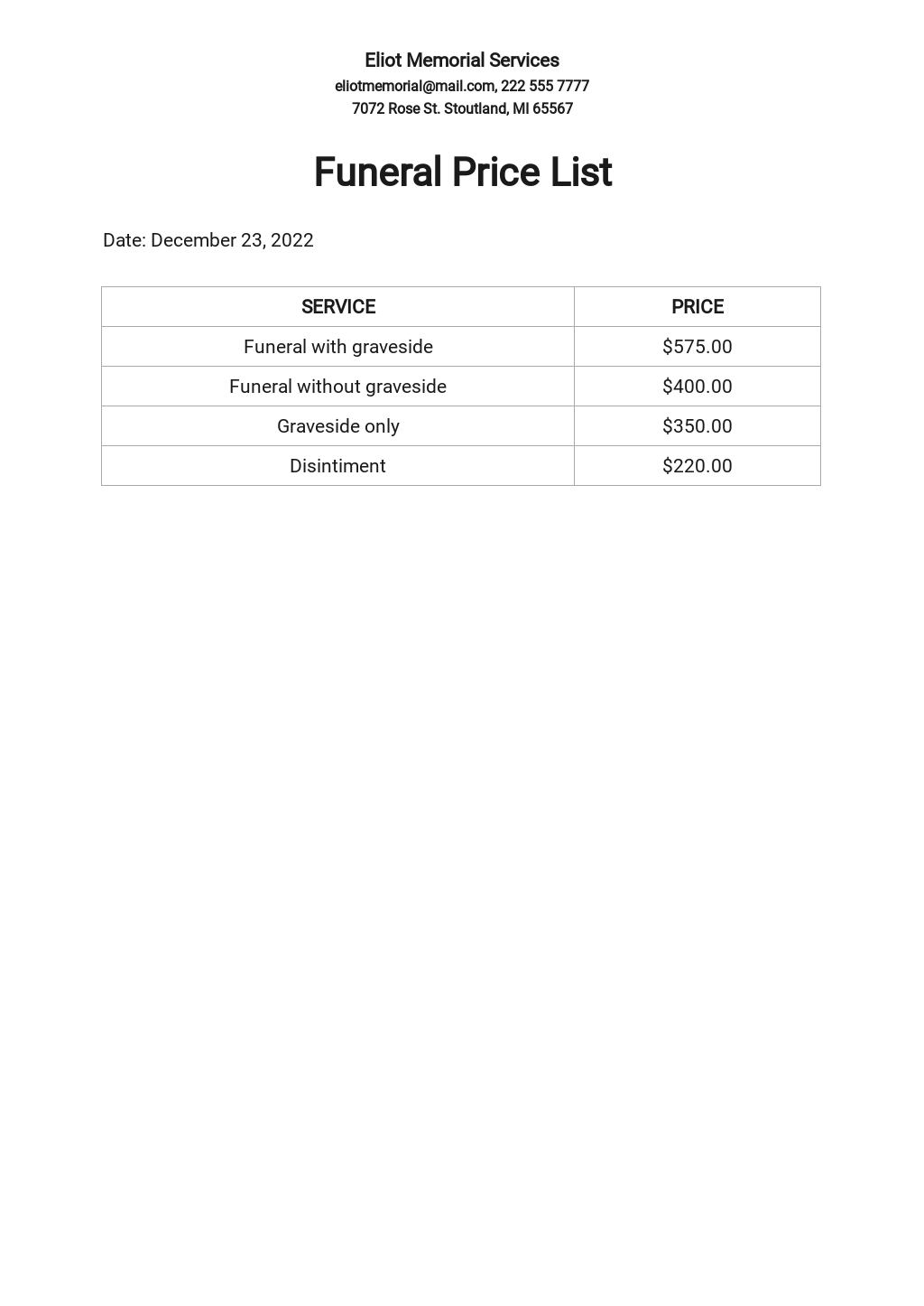Funeral Price List Template [Free PDF] Word (DOC) PSD Apple (MAC