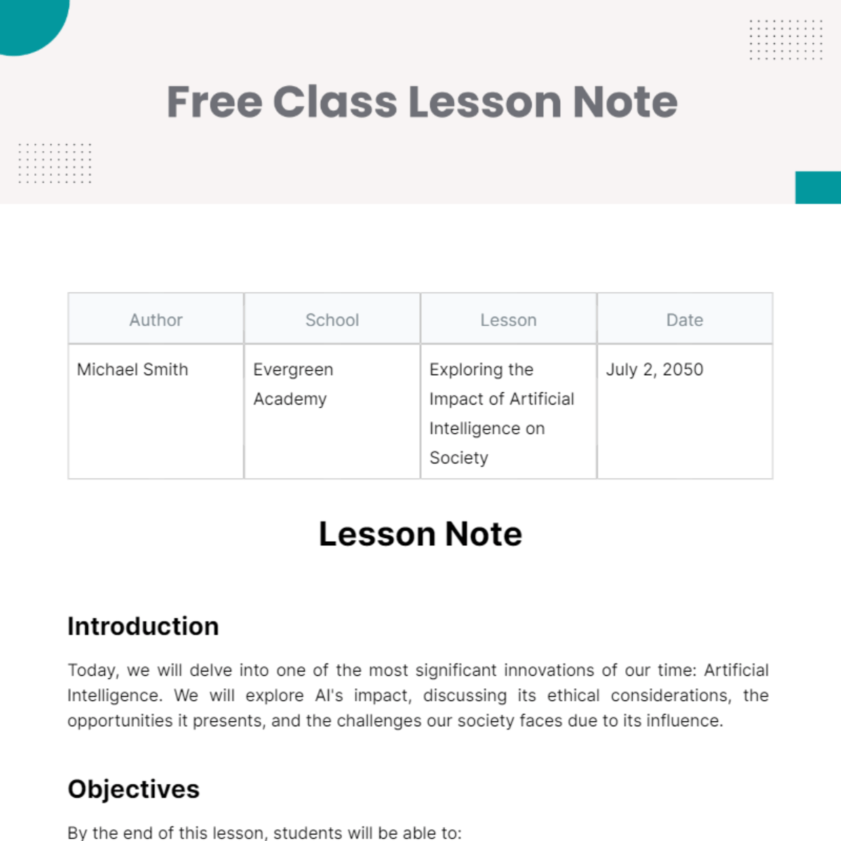 Class Lesson Note Template Edit Online & Download Example