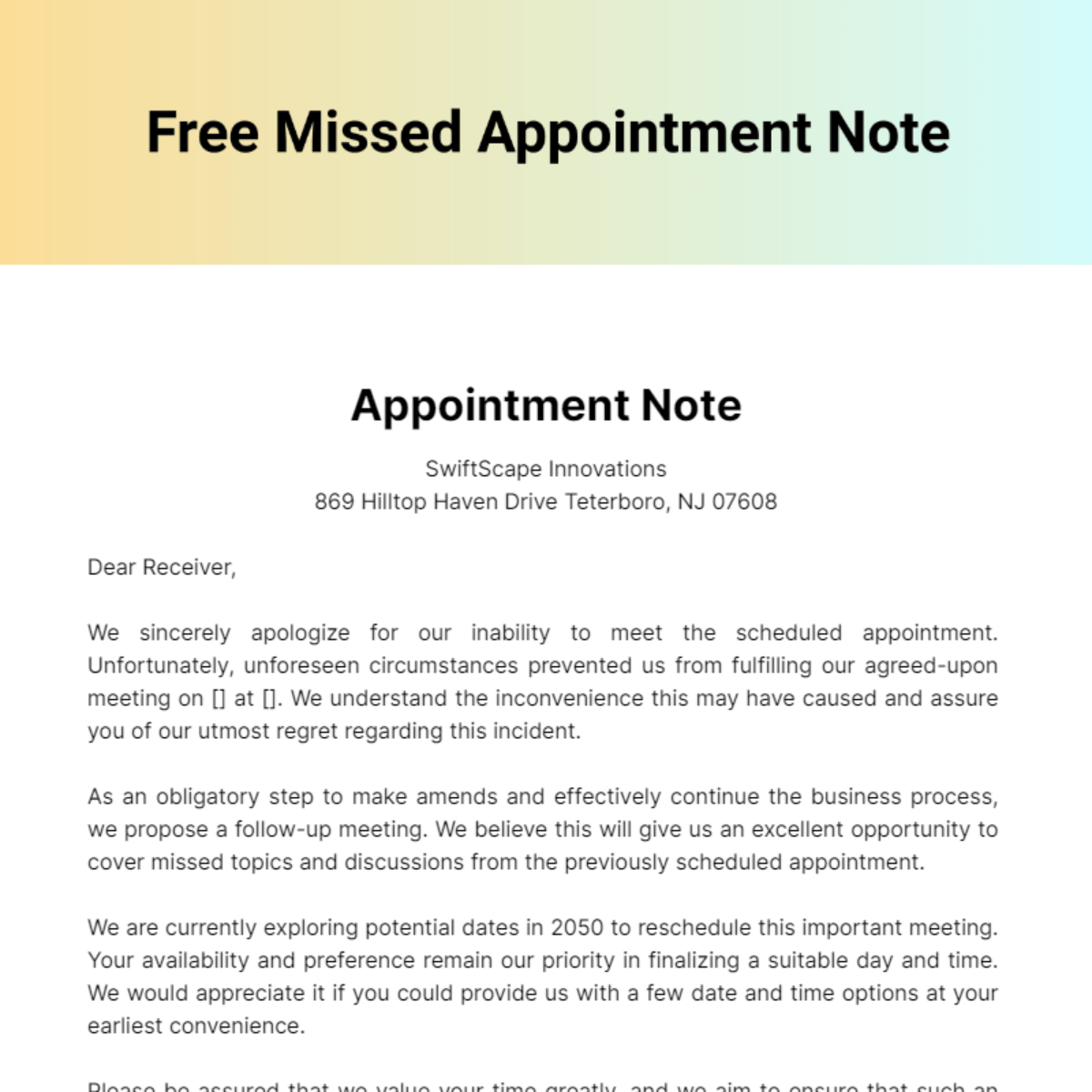 Missed Appointment Note Template Edit Online & Download Example