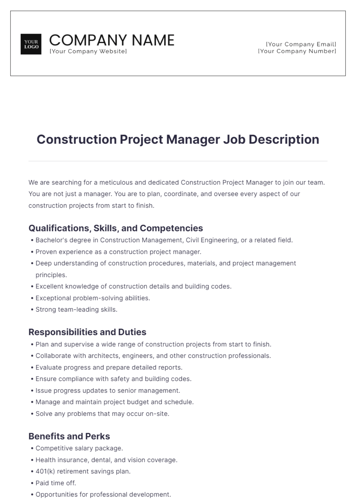 Construction Project Manager Job Description Edit Online & Download