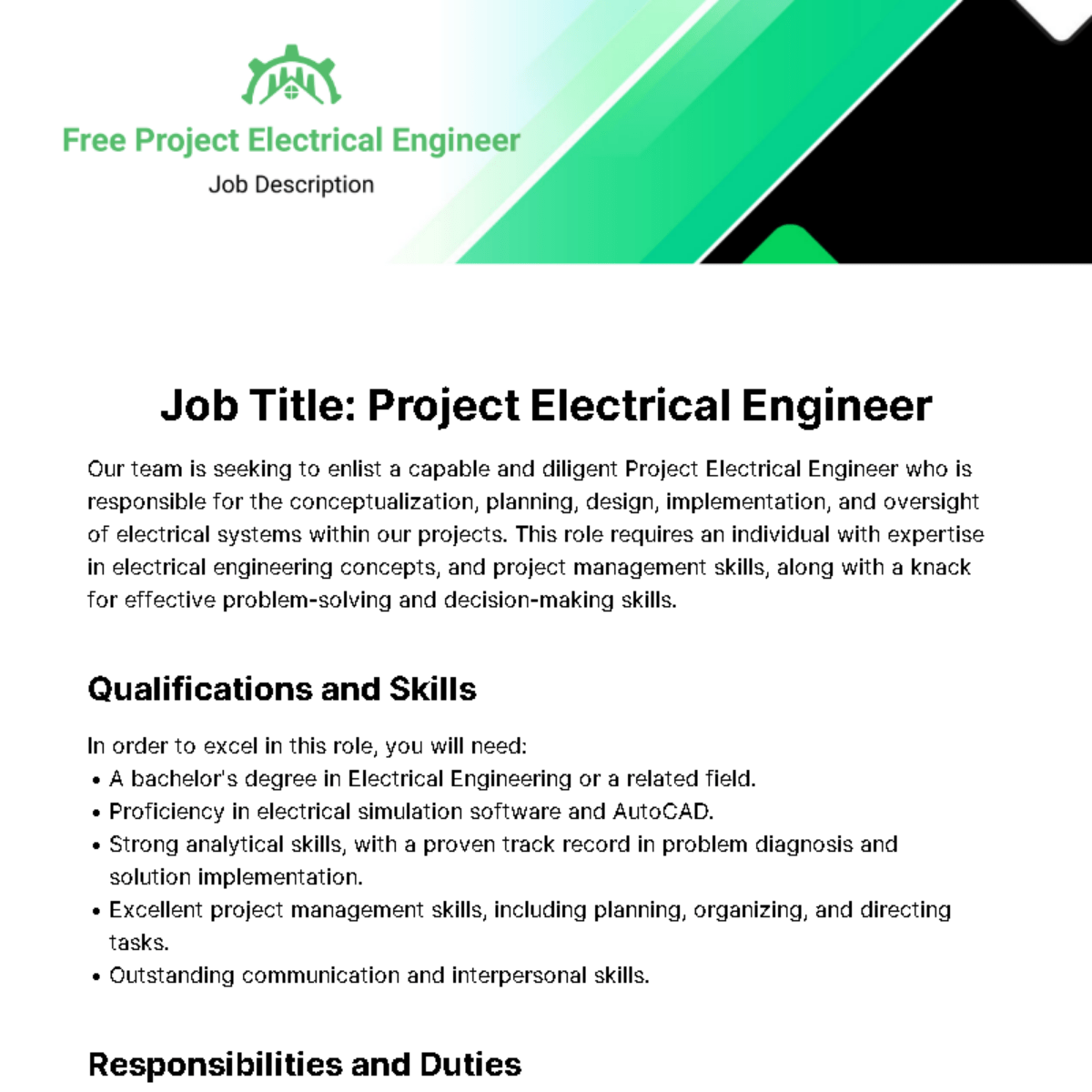 Project Electrical Engineer Job Description Template Edit Online