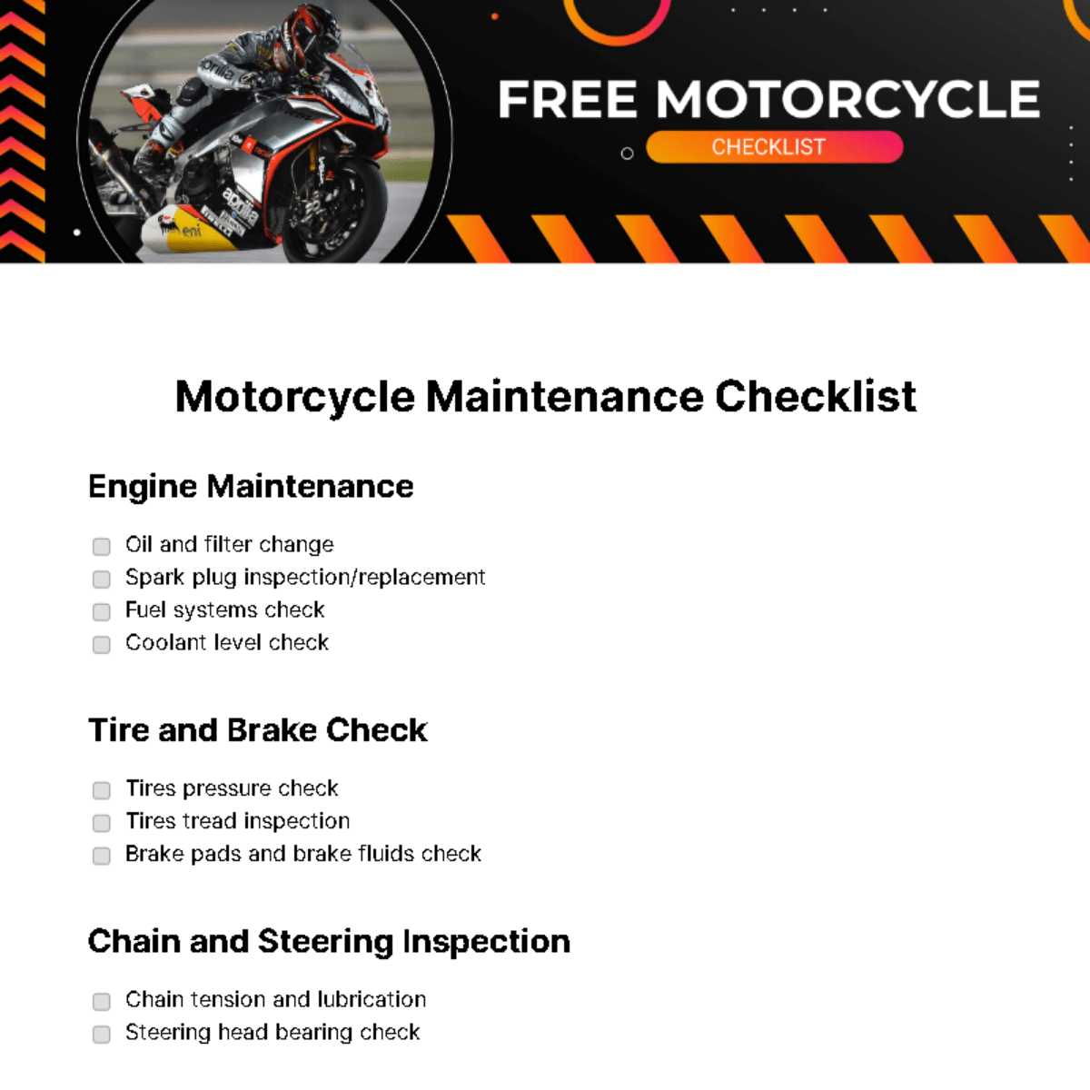 Motorcycle Checklist Template Edit Online & Download Example