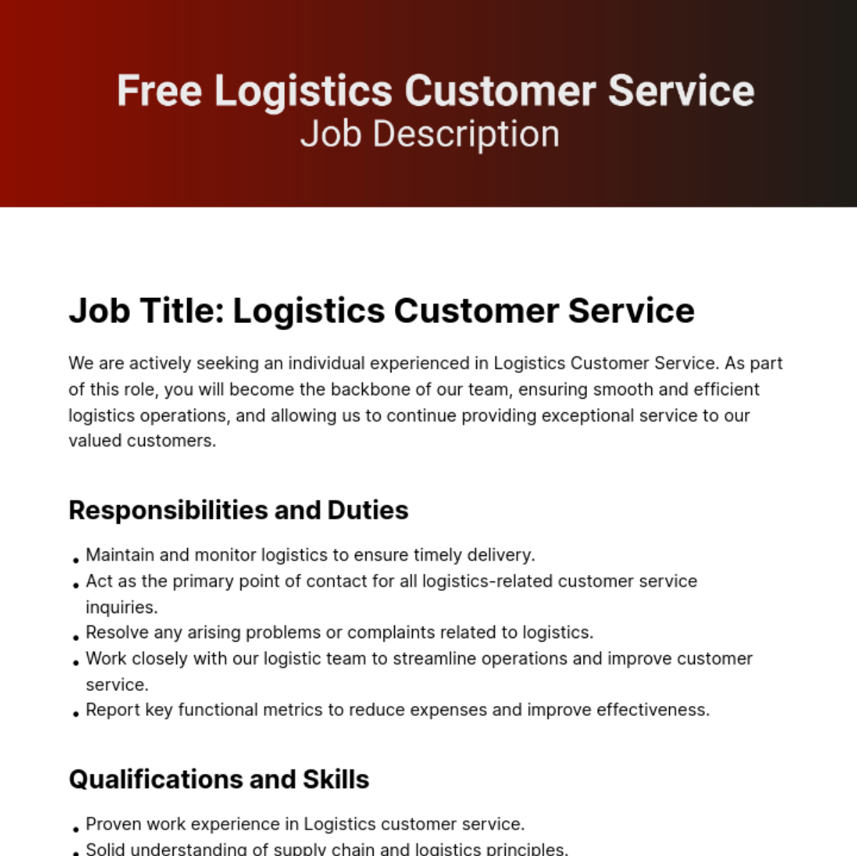 Logistics Customer Service Job Description Template Edit Online
