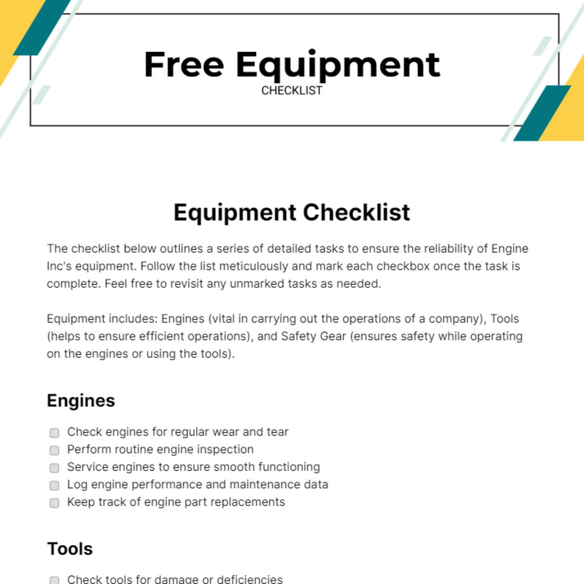 FREE Equipment Checklist Templates & Examples Edit Online & Download
