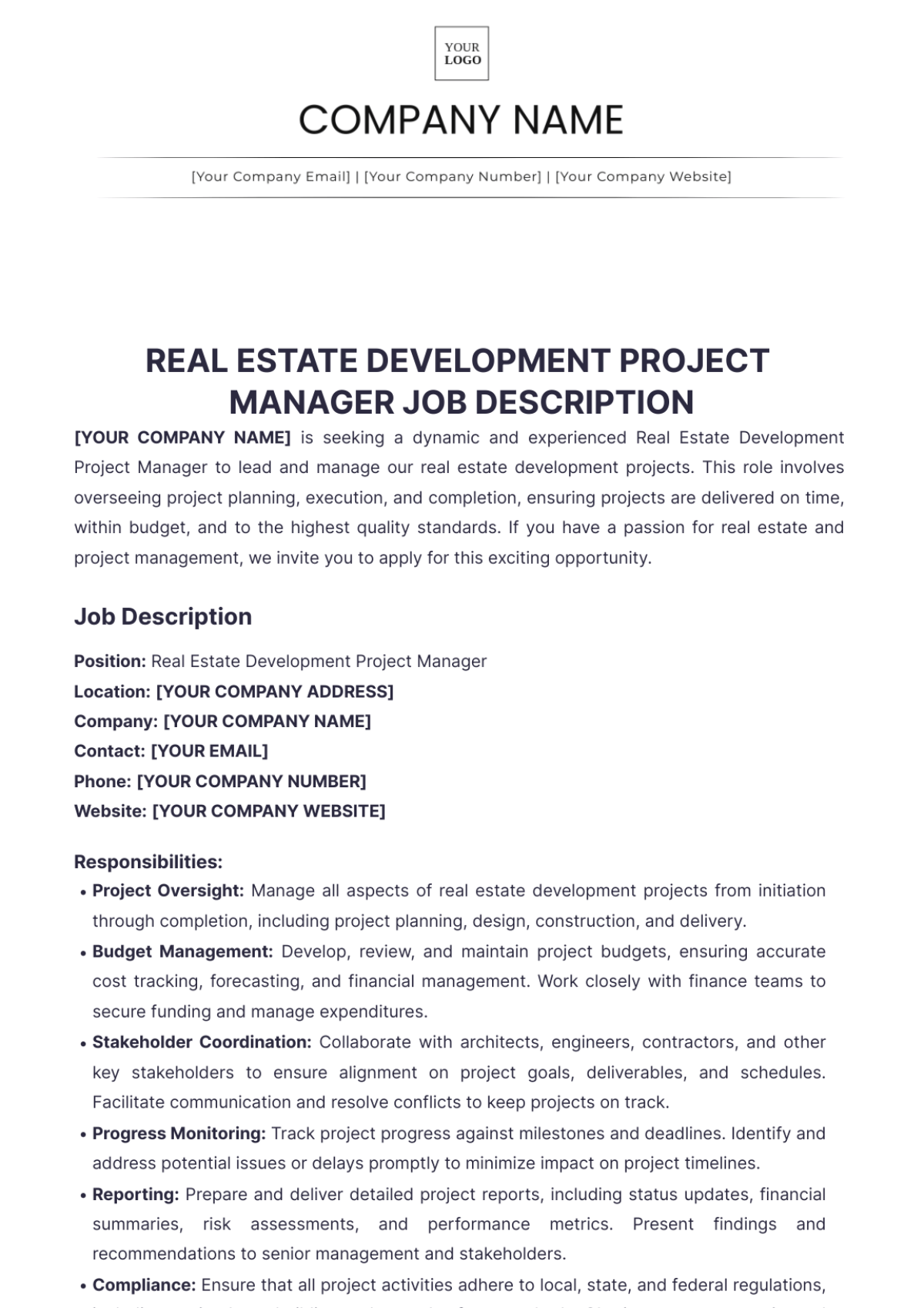 Real Estate Development Project Manager Job Description Template Edit