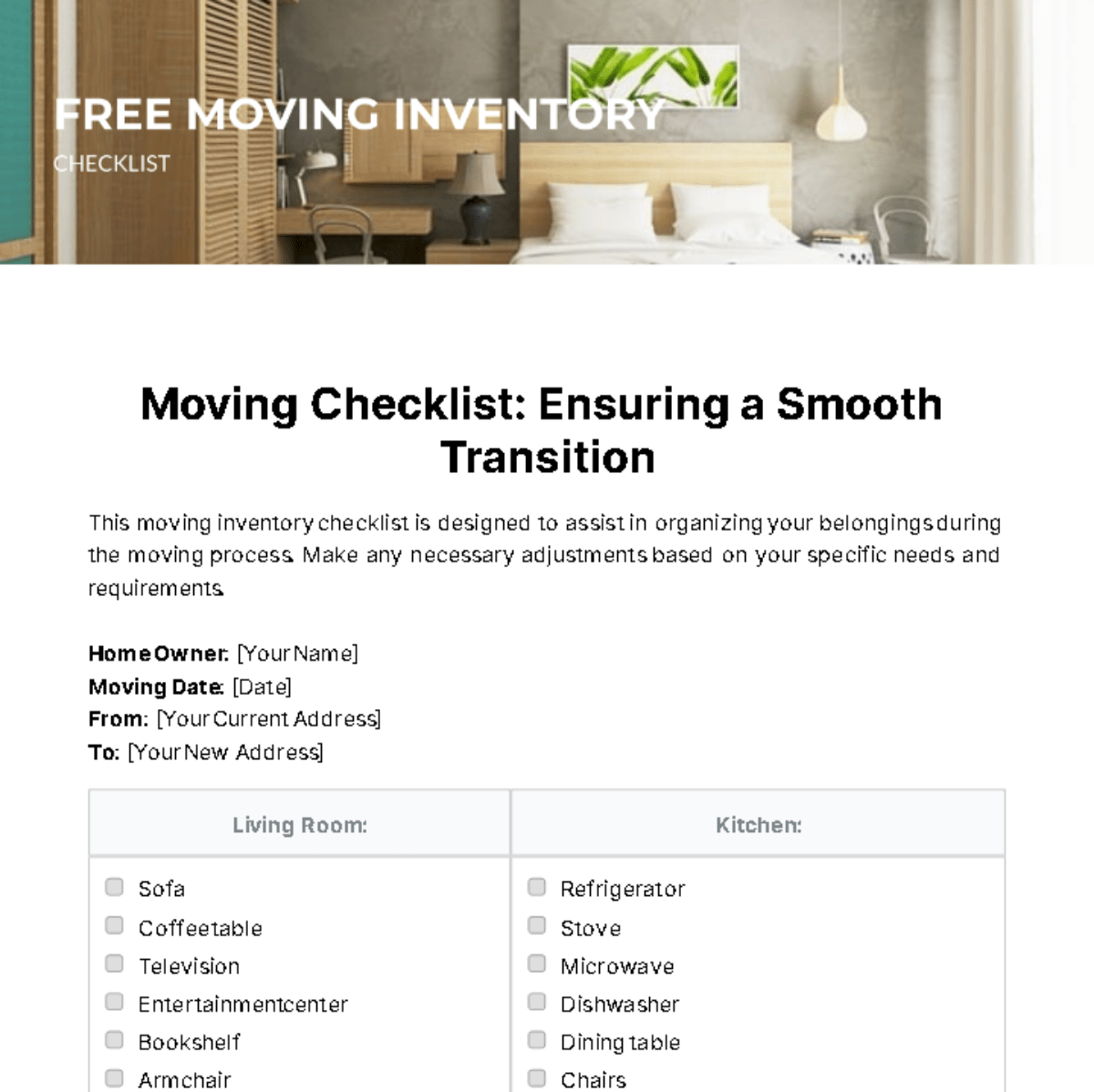 Furniture Moving List Template