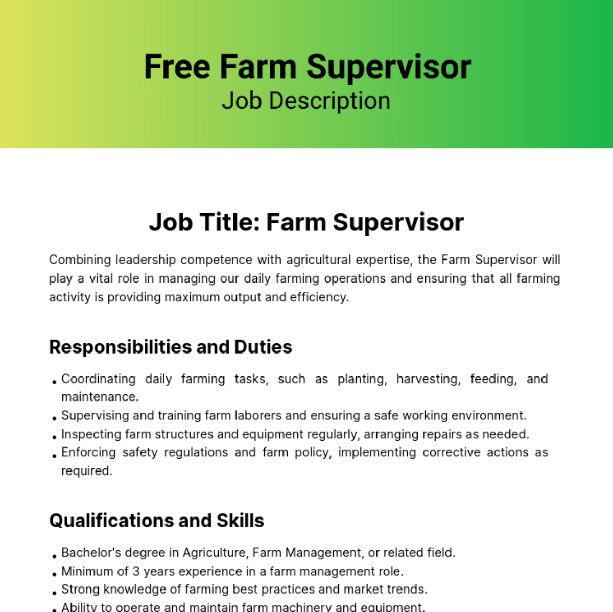 Farm Supervisor Job Description Template Edit Online & Download