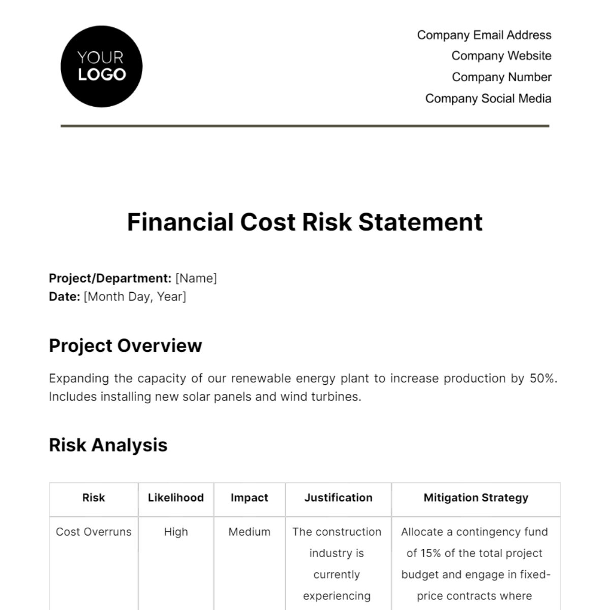 Financial Cost Risk Statement Template Edit Online & Download Example