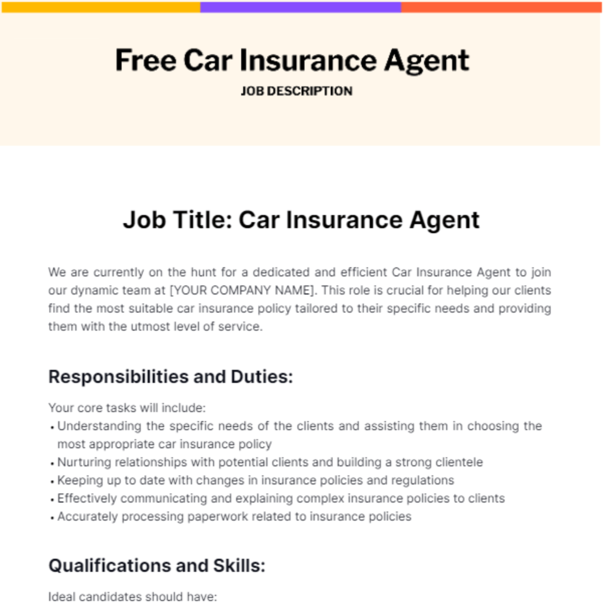 Car Insurance Agent Job Description Template Edit Online & Download