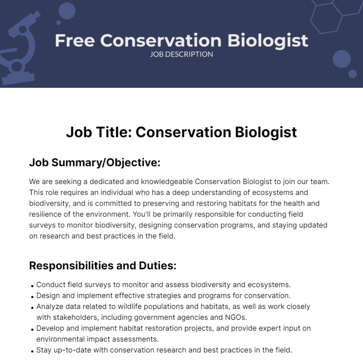Conservation Biologist Job Description Template Edit Online