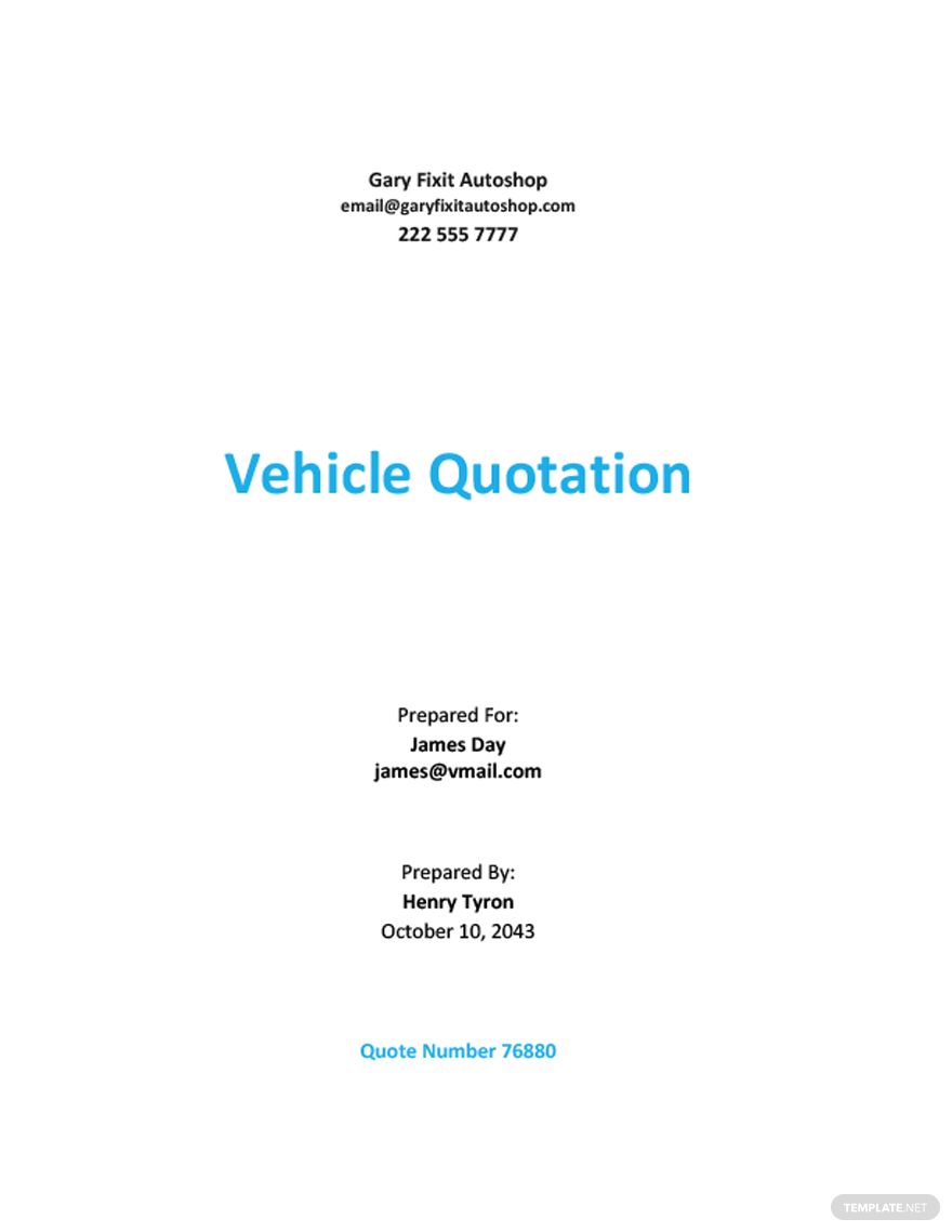 Car Repair Quotation Template in Google Docs, Google Sheets, Excel