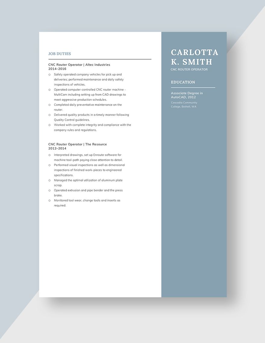 CNC Router Operator Resume in Word, Pages Download