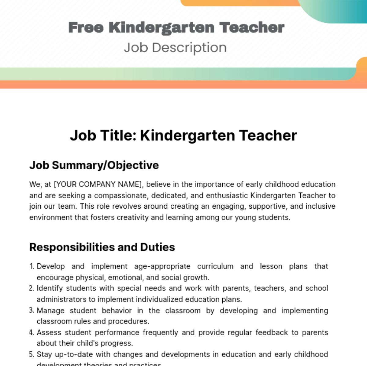 Kindergarten Teacher Job Description Template Edit Online & Download