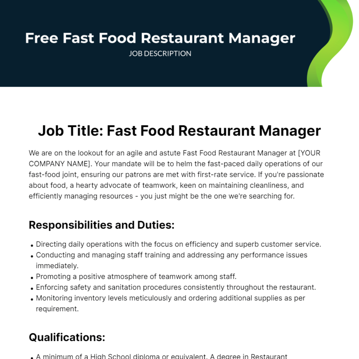 Fast Food Restaurant Manager Job Description Template Edit Online
