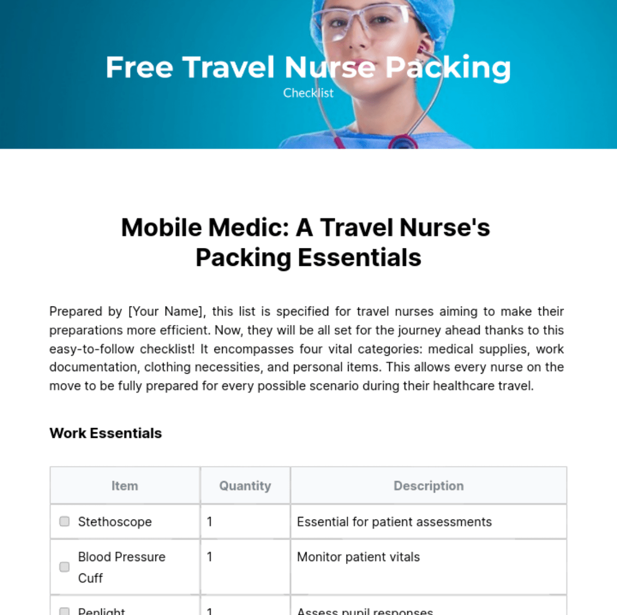 Travel Nurse Packing Checklist Template Edit Online & Download