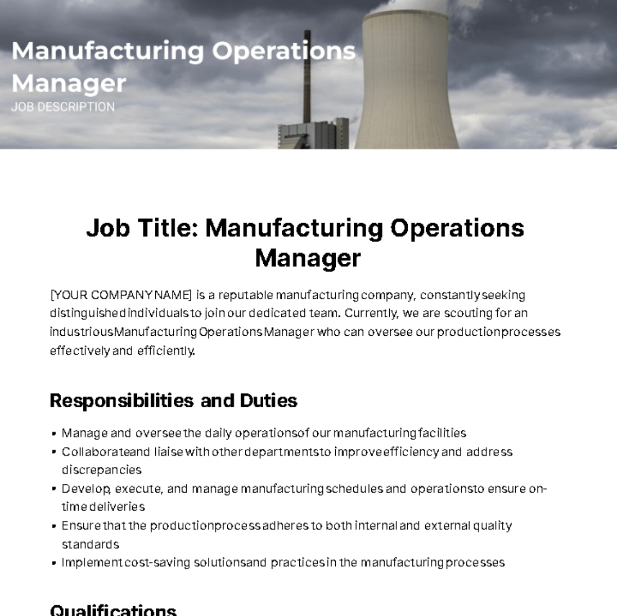 Manufacturing Operations Manager Job Description Template Edit Online