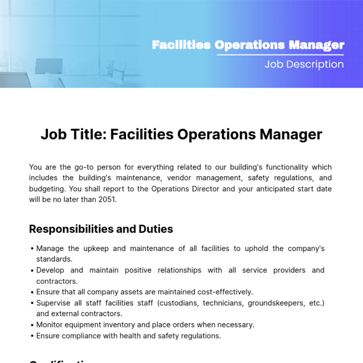 Facilities Operations Manager Job Description Template Edit Online