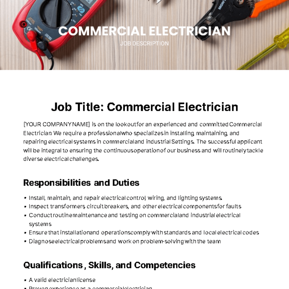 Commercial Electrician Job Description Template Edit Online