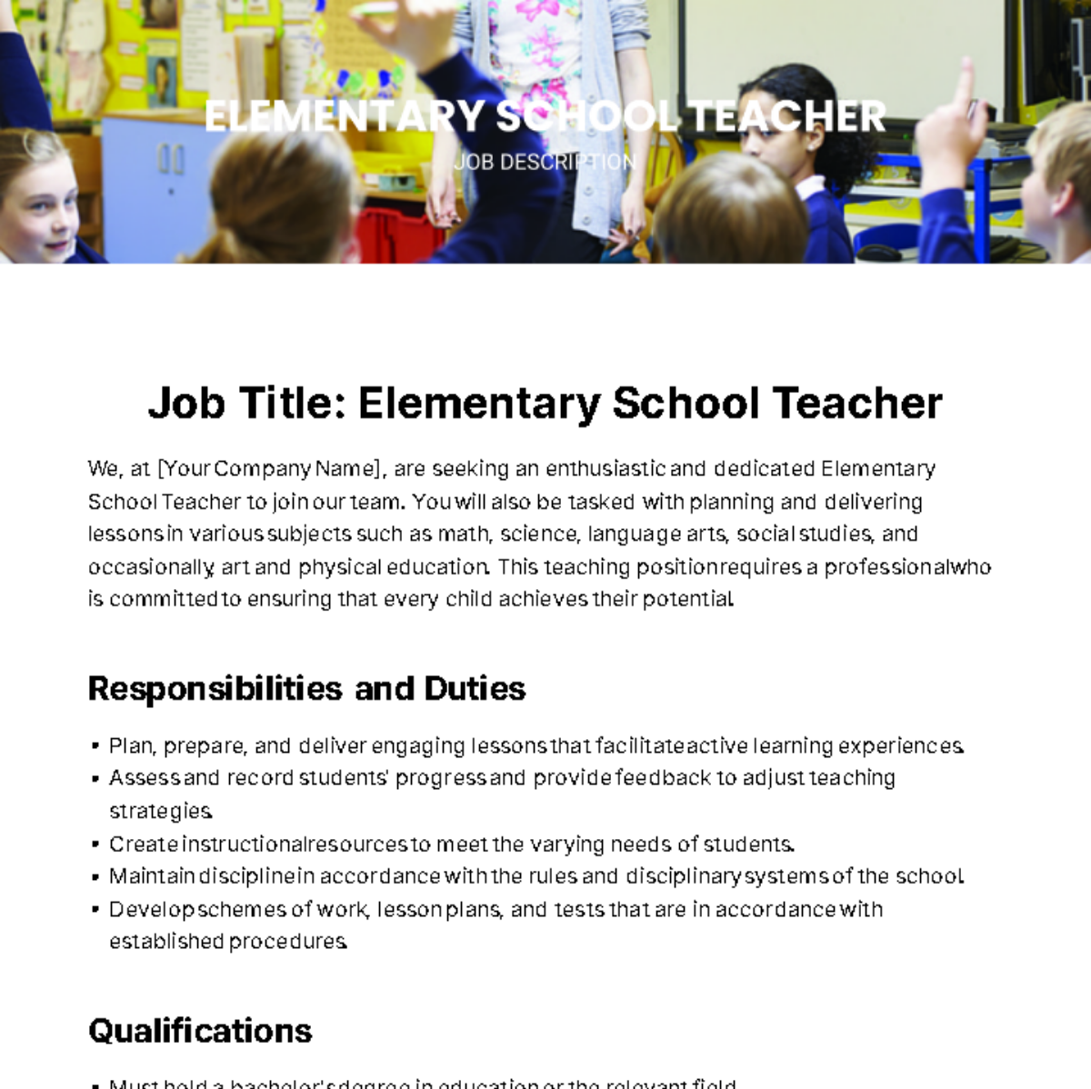 Elementary School Teacher Job Description Template Edit Online