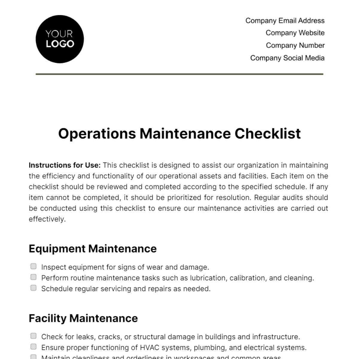 Operations Maintenance Checklist Template Edit Online & Download