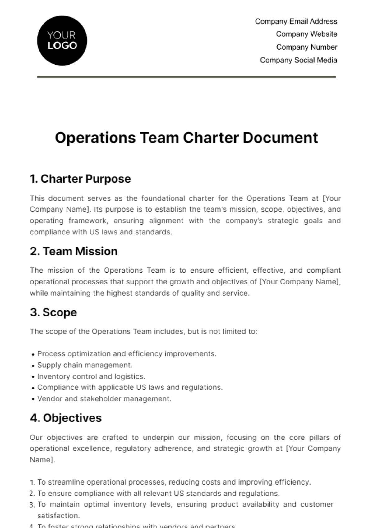 Free Operations Team Charter Document Template to Edit Online