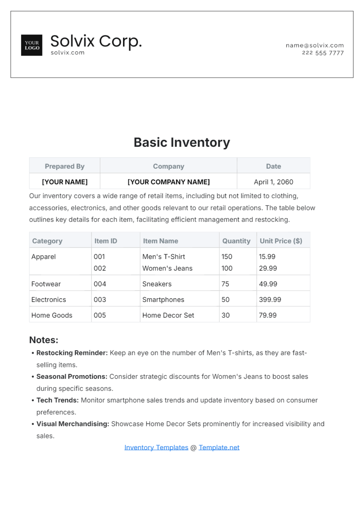 Basic Inventory Template Edit Online & Download Example