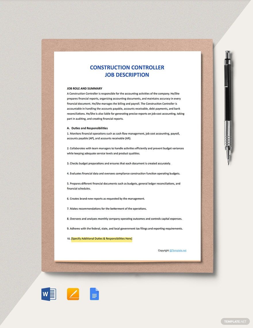 Construction Controller Job Ad and Description Template Download in
