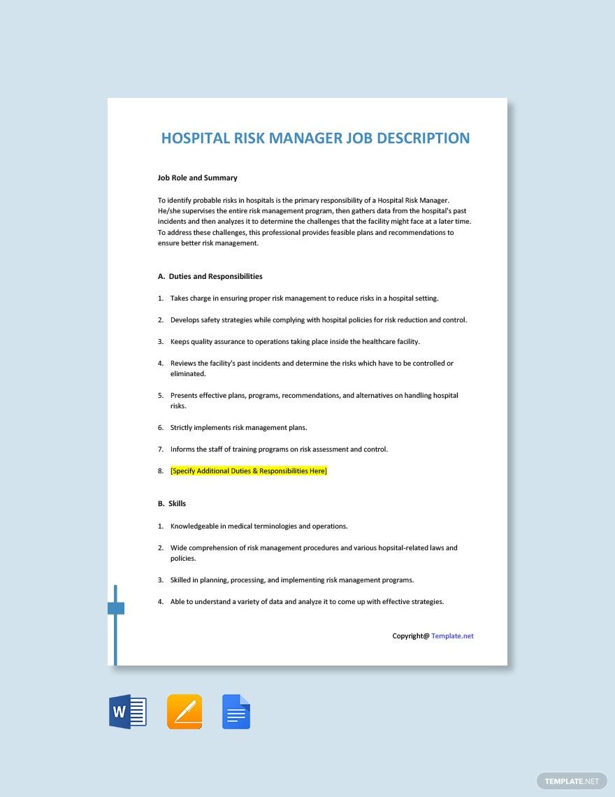 Hospital Risk Manager Job Description Template Download in Word