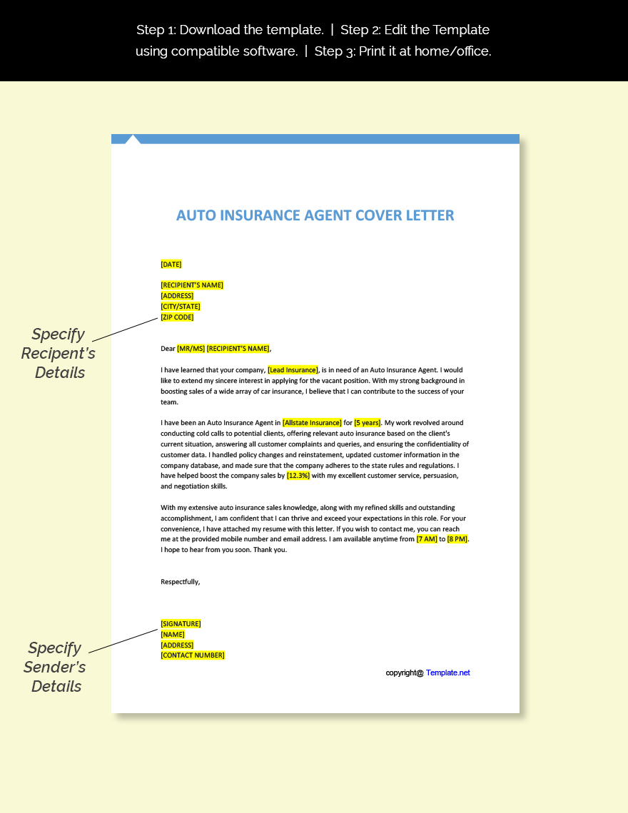 Auto Insurance Agent Cover Letter in Word, Pages, PDF, Google Docs