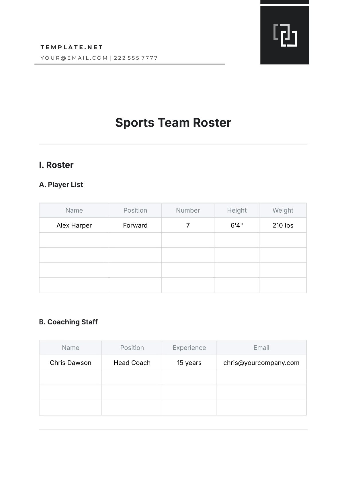 Free Sports Team Roster Template to Edit Online