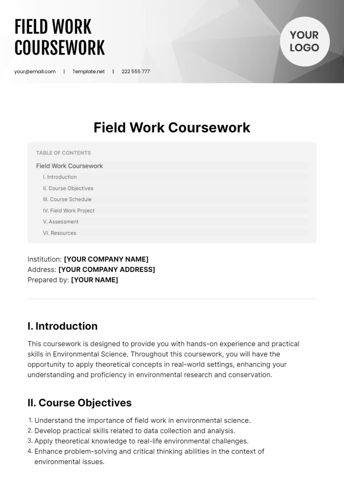 Field Work Coursework Template Edit Online & Download Example