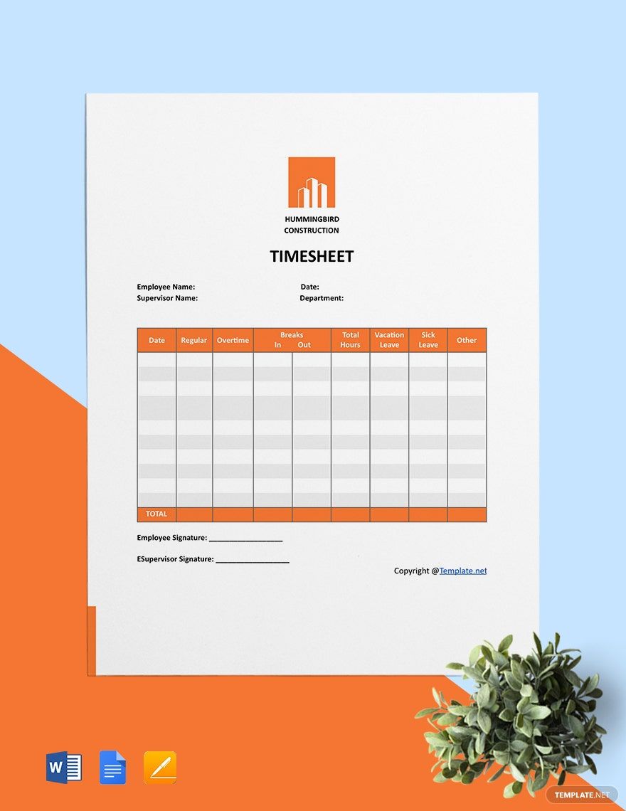 Simple Construction Timesheet Template in Word, Pages, Google Docs