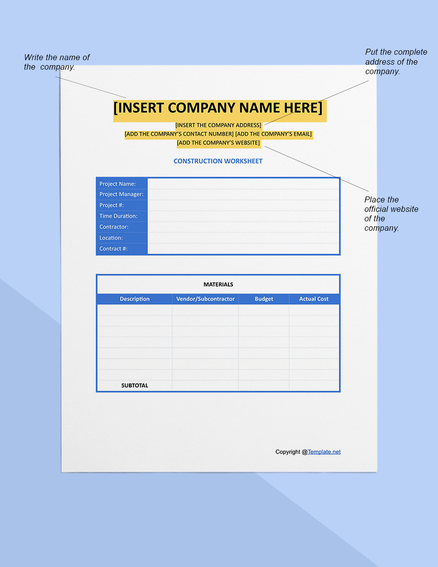 Editable Construction Worksheet Template in Word, Pages, Google Docs