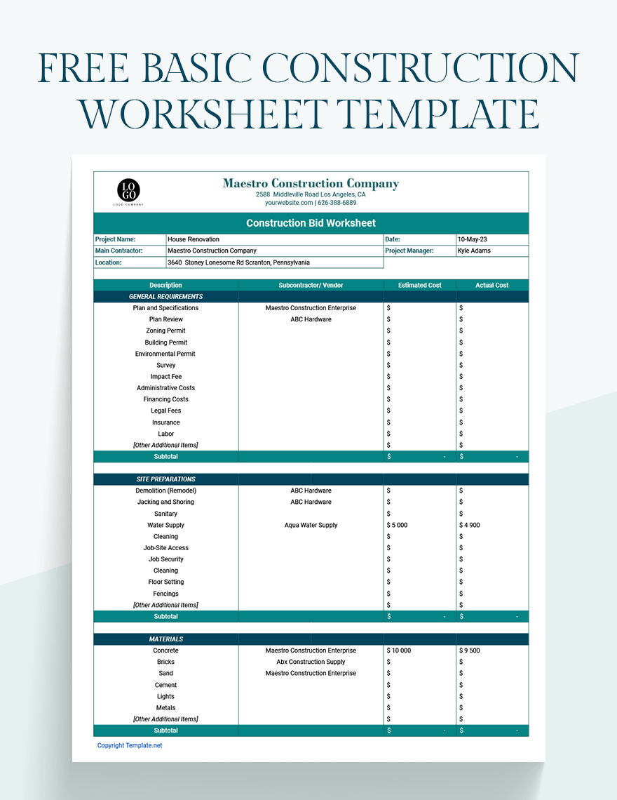 Construction Worksheet Templates Documents, Design, Free, Download