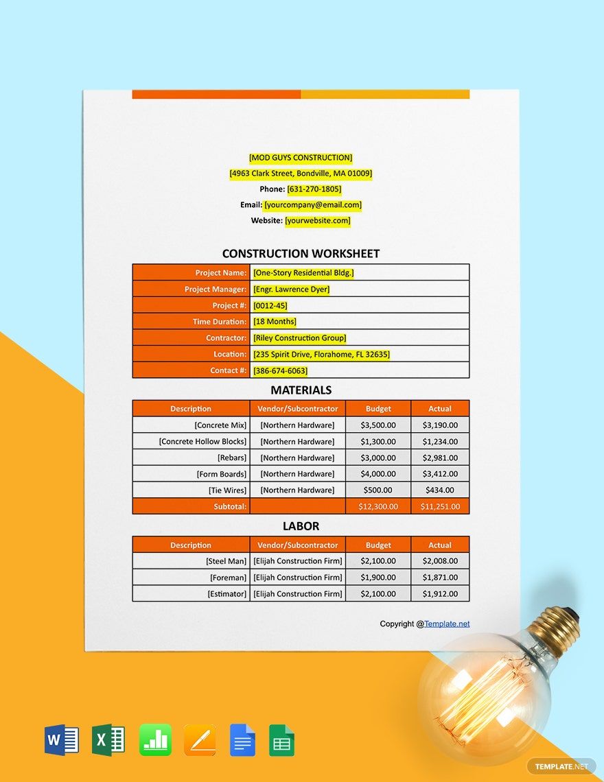 Construction Worksheet Templates in Excel Download