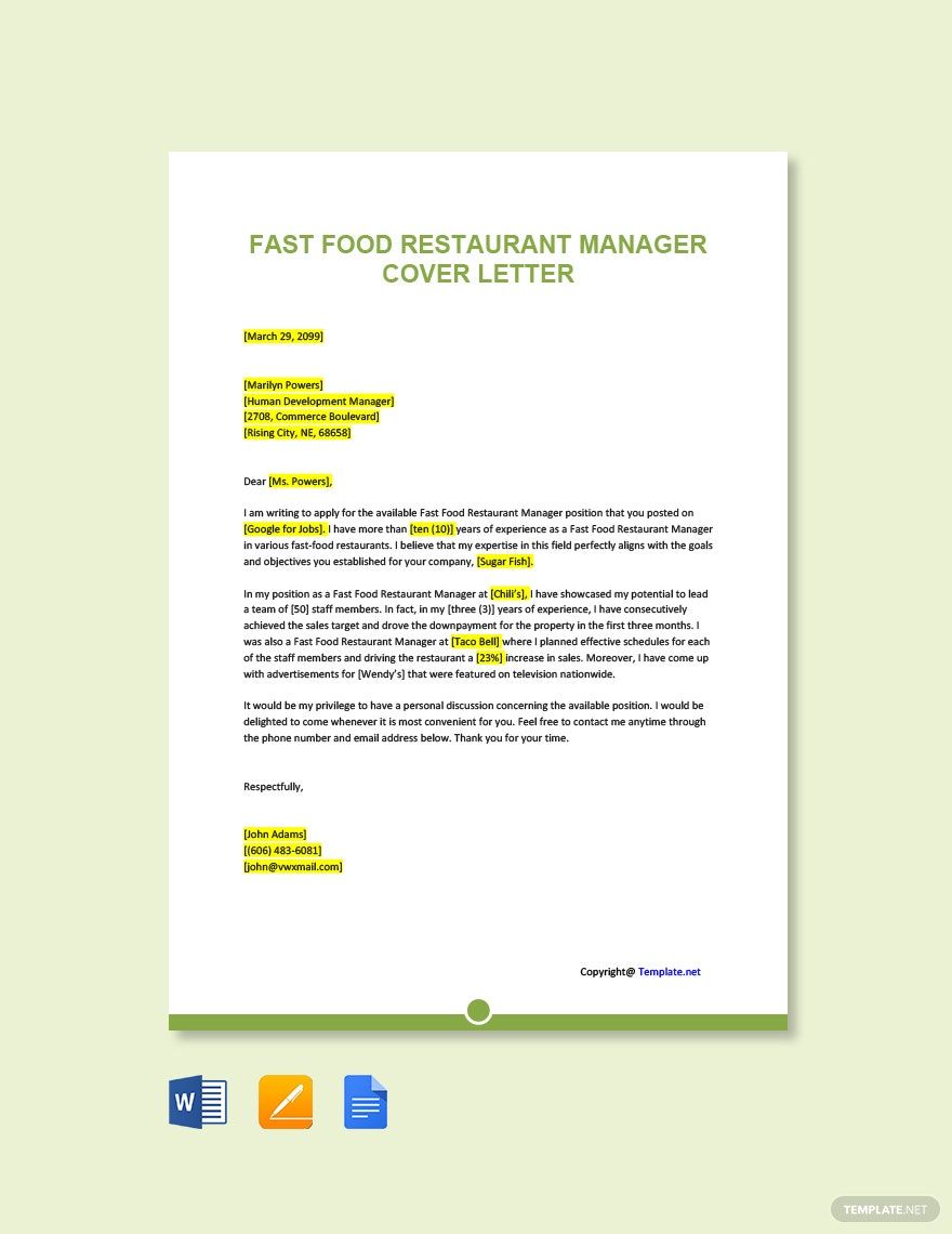 Fast Food Restaurant Manager Cover Letter in Word, Pages, PDF, Google