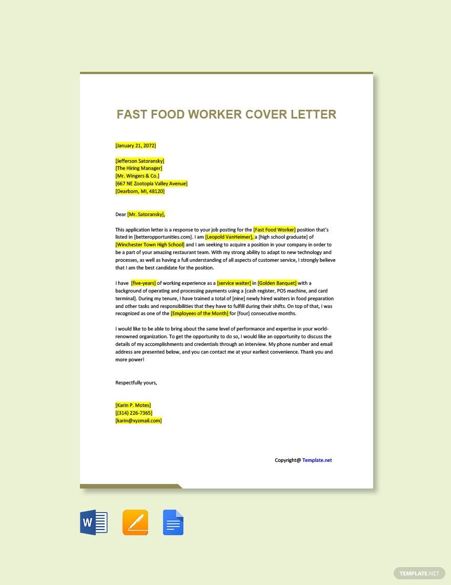 Free Fast Food Worker Cover Letter Google Docs, Word, Apple Pages