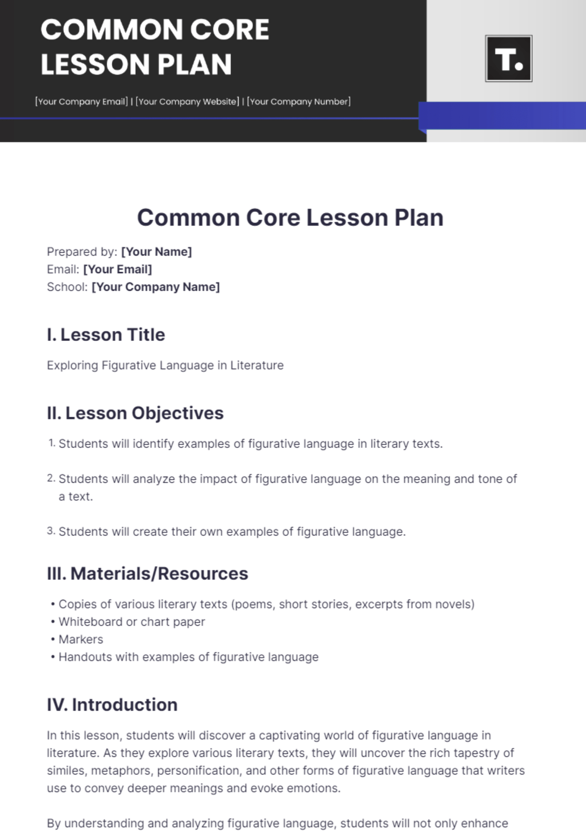 Free Common Core Lesson Plan Template to Edit Online