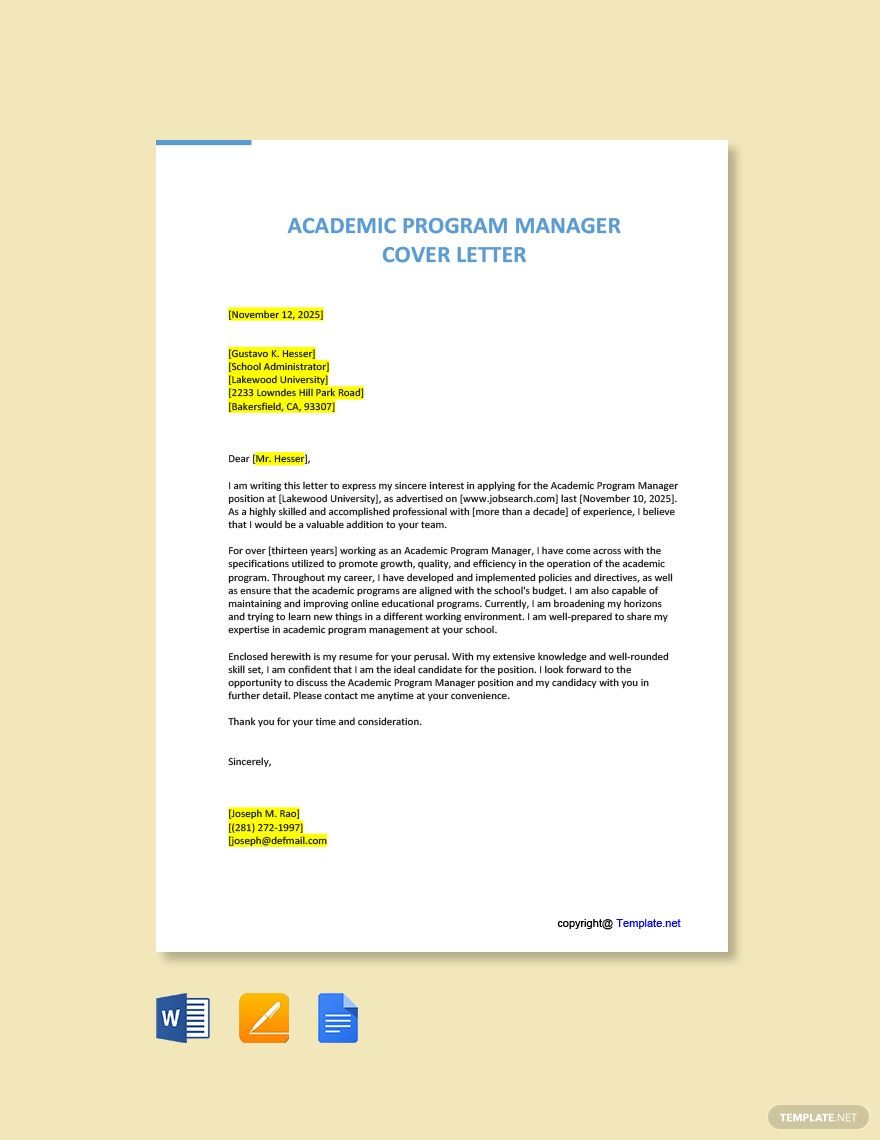 Education Program Manager Cover Letter in Google Docs, Pages, Word, PDF
