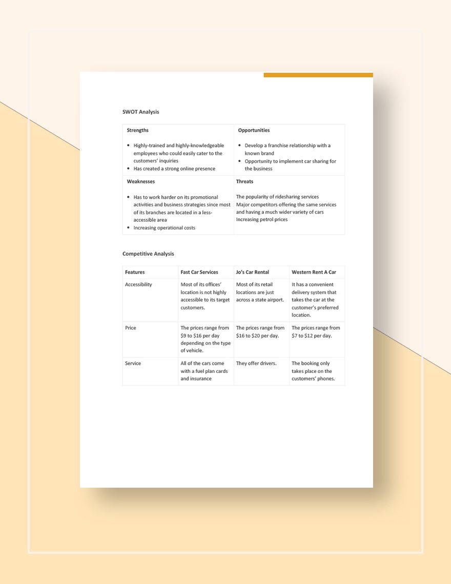 Car Rental Competitive Analysis Template Google Docs, Word