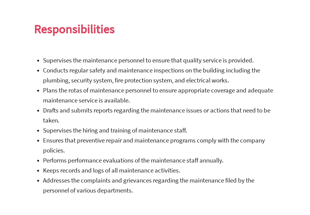 Maintenance Director Job Description Template in Google Docs, Word