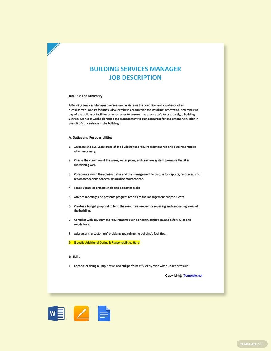 Free Building Services Manager Job Description Download in Word