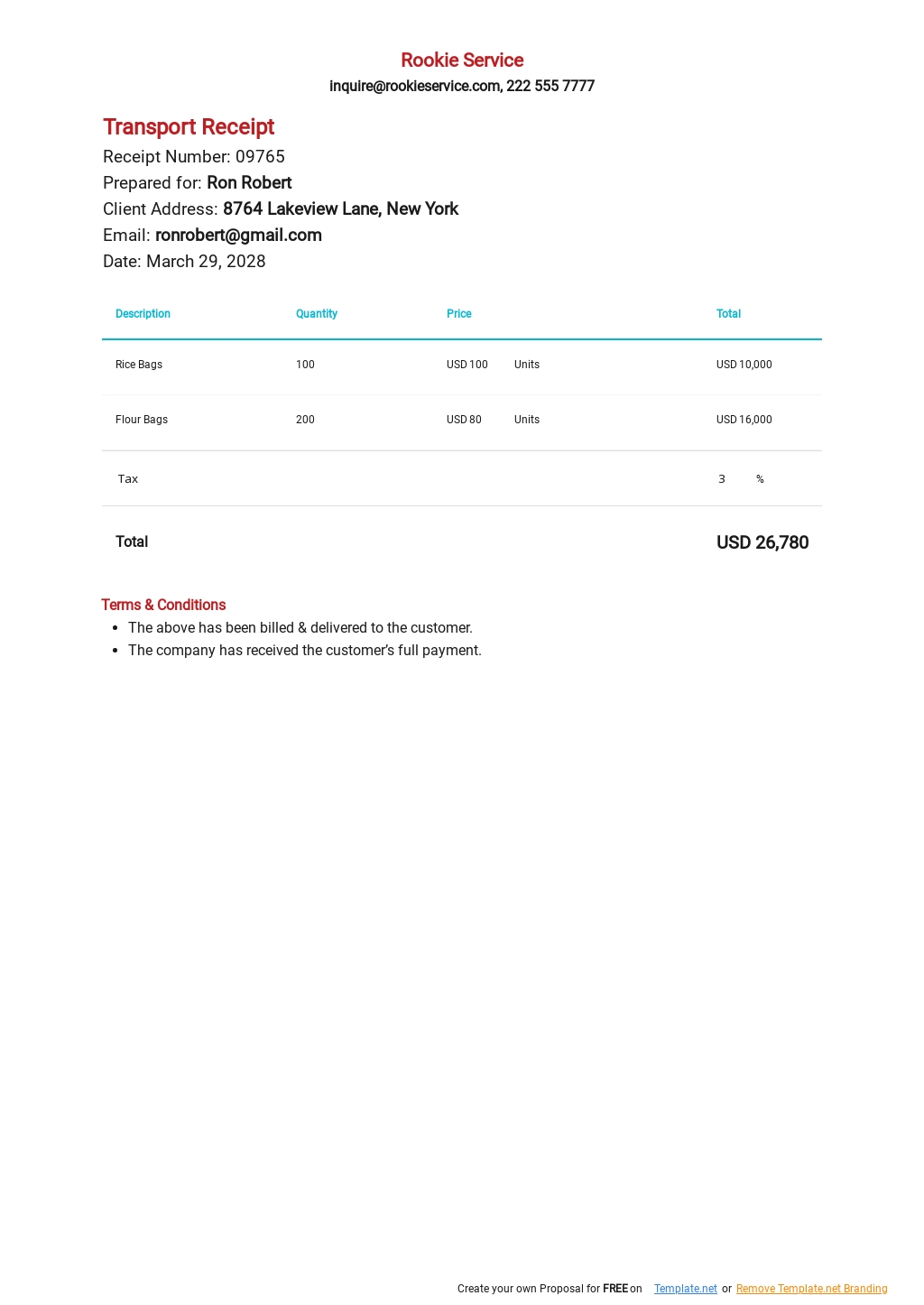 Transport Receipt Template in Google Docs, Google Sheets, Excel, Word