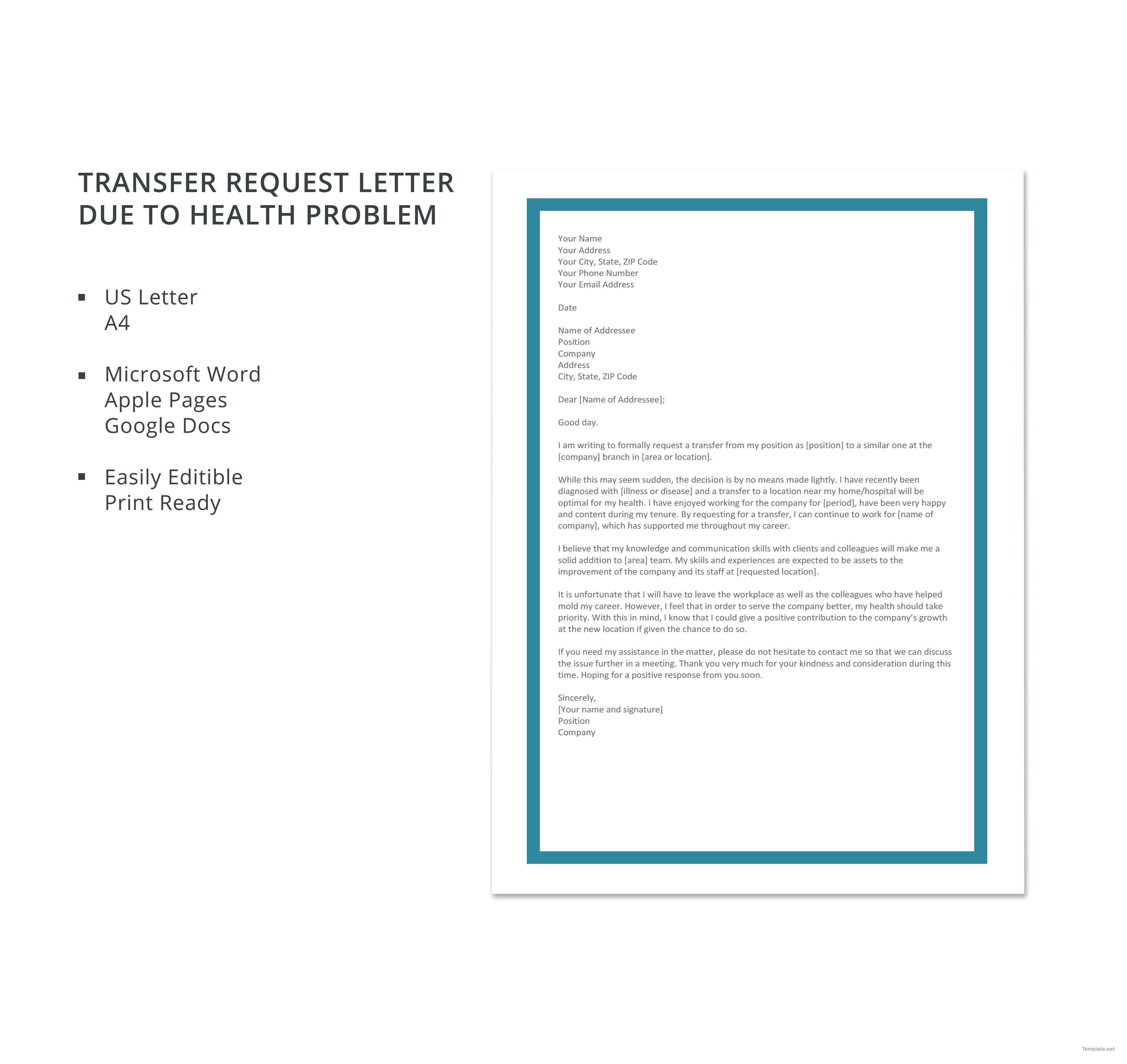 Transfer Request Letter due to Health Problem Template in Microsoft